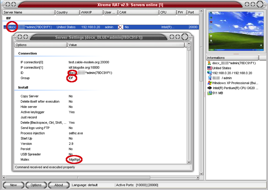 Figure 4. XtremeRAT controller GUI