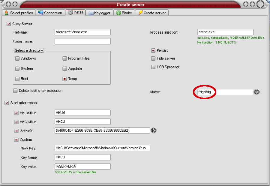 Figure 6. XtremeRat install settings
