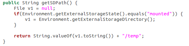 Fig. 12. The location of the temporary folder that the malware app uses to collect signature certificate and keys.